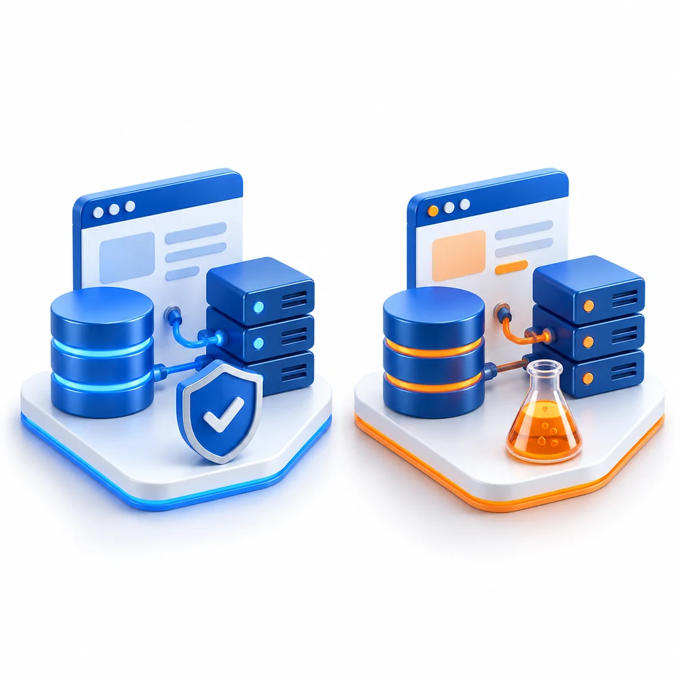 Separate live and sandbox platforms, each with its own browser, database, and servers, marked by a shield and a laboratory flask