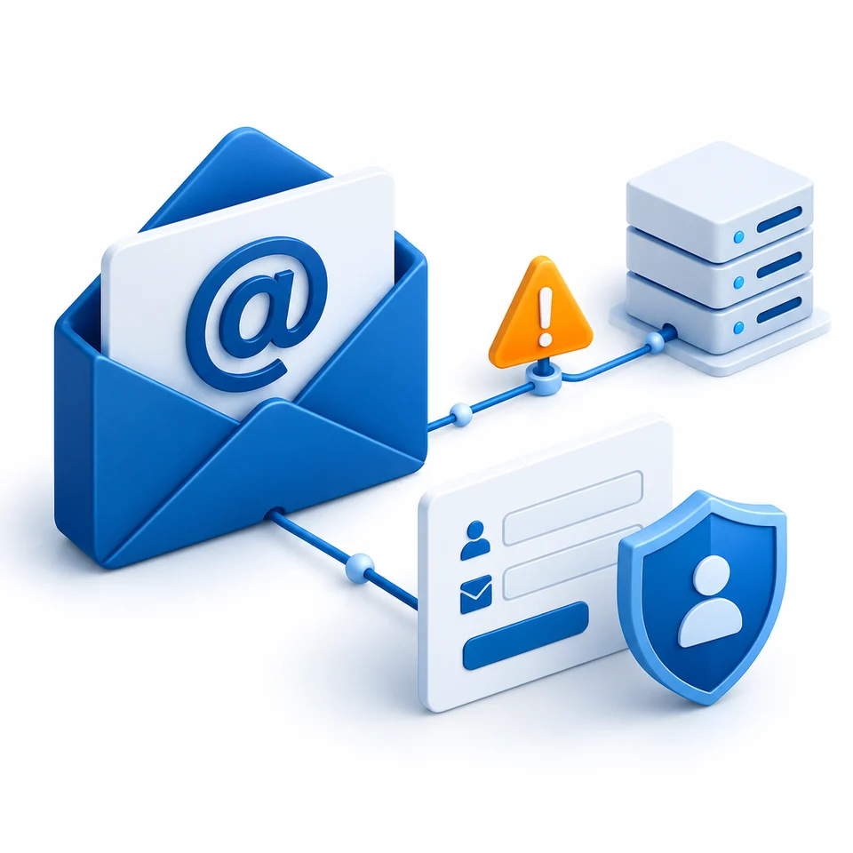 Email envelope connected to a registration form and mail server, with a compatibility warning and identity shield