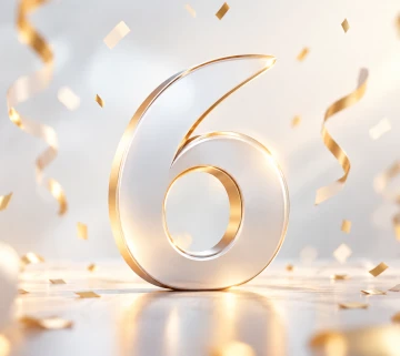 Gold-and-white anniversary artwork featuring the number 6